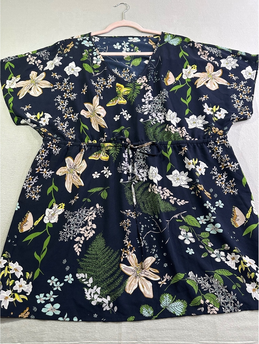 Women’s XL Floral Butterfly A-Line Mini Dress Cottagecore Boho Tie Waist